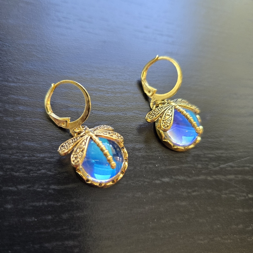 Golden Vintage Style Dragonfly Earrings Over Colour Shifting Orb Hypoallergenic